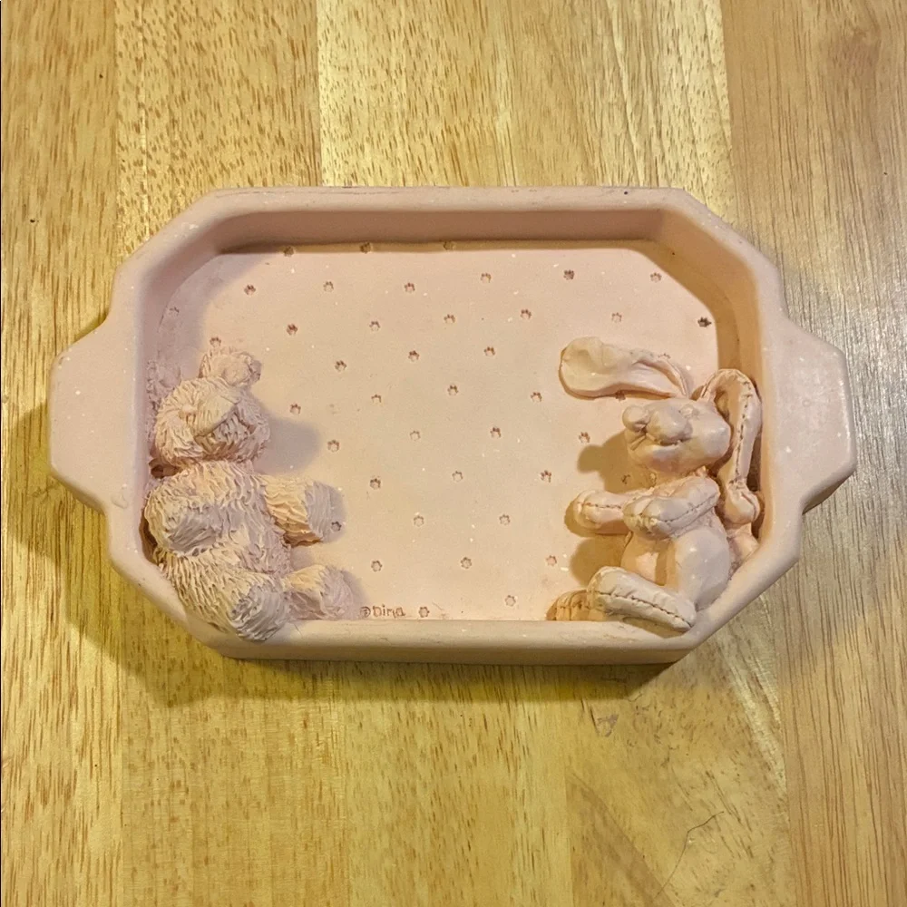 Kids Pink Bath Tray with Bear and Bunny Design. Resin